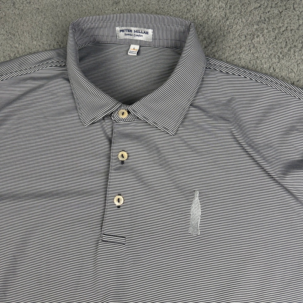 Peter Millar Polo Shirt Mens L Blue Summer Comfort Clark Beverage Group Striped